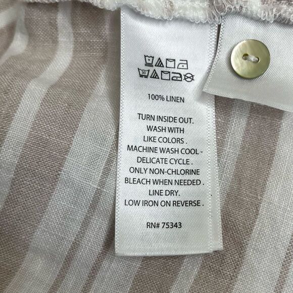 St Tropez West Linen Tan Stripe Button Front Long Tab Sleeve Shirt Women Large - Picture 8 of 11